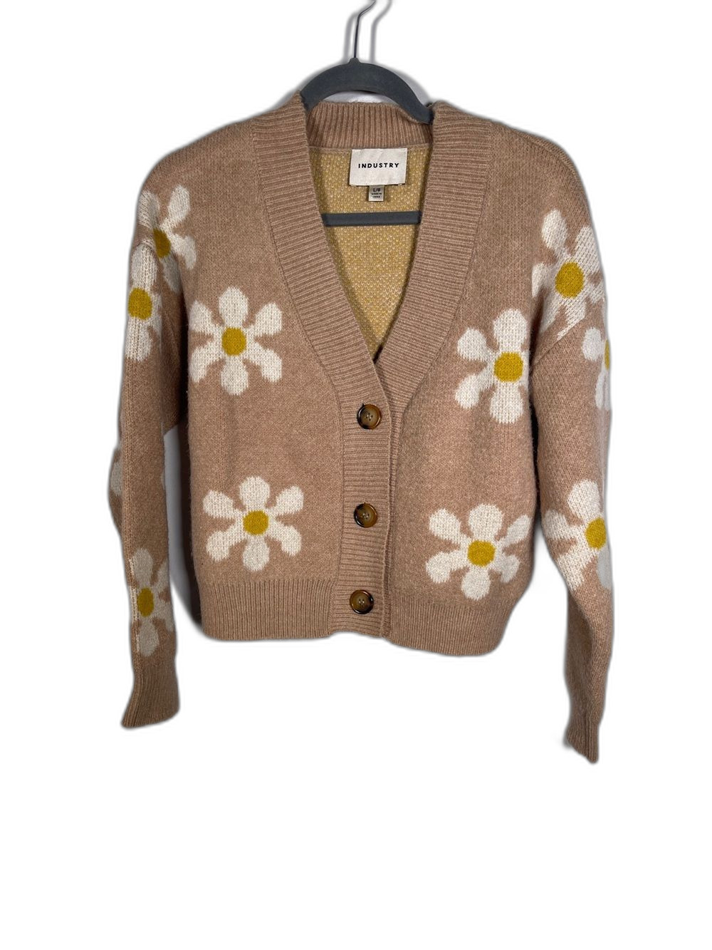 INDUSTRY WOMENS BEIGE YELLOW FLORAL CARDIGAN SWEATER LARGE